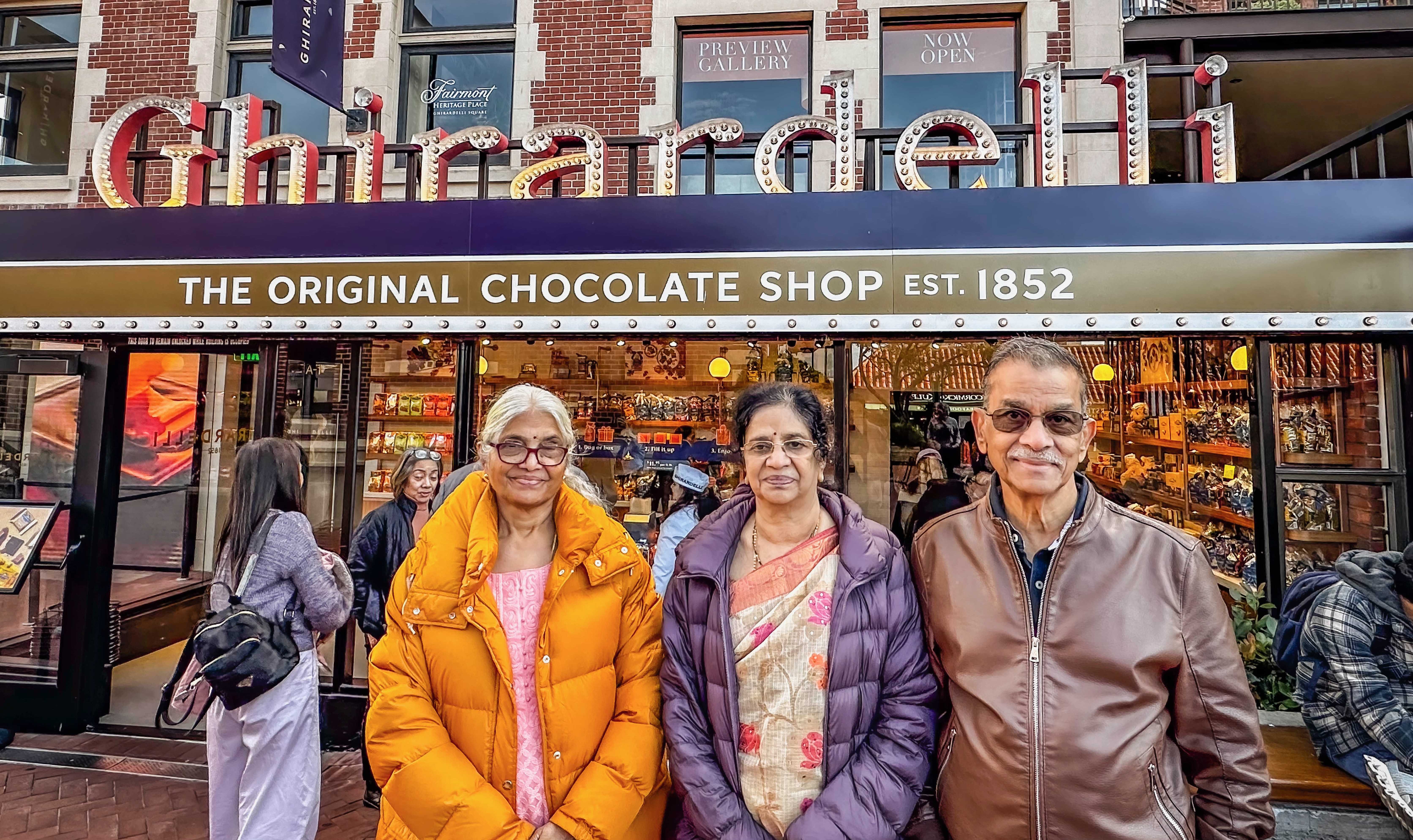 <b><i>Ramana Sista's wife Kamala Sista (left), his brother's wife Tulasi Sista and his brother Rao Sista in front of Ghirardelli Chocolate Shop (Pic credit: Phani Sista)</i></b>