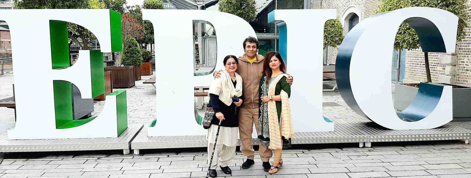 Tri-nation love for Indian classical music: Yameema Mitha with tabla maestro Debojyoti Sanyal and music enthusiast Firdozi of Bangladesh, outside the EPIC Irish Immigration Museum, in Dublin