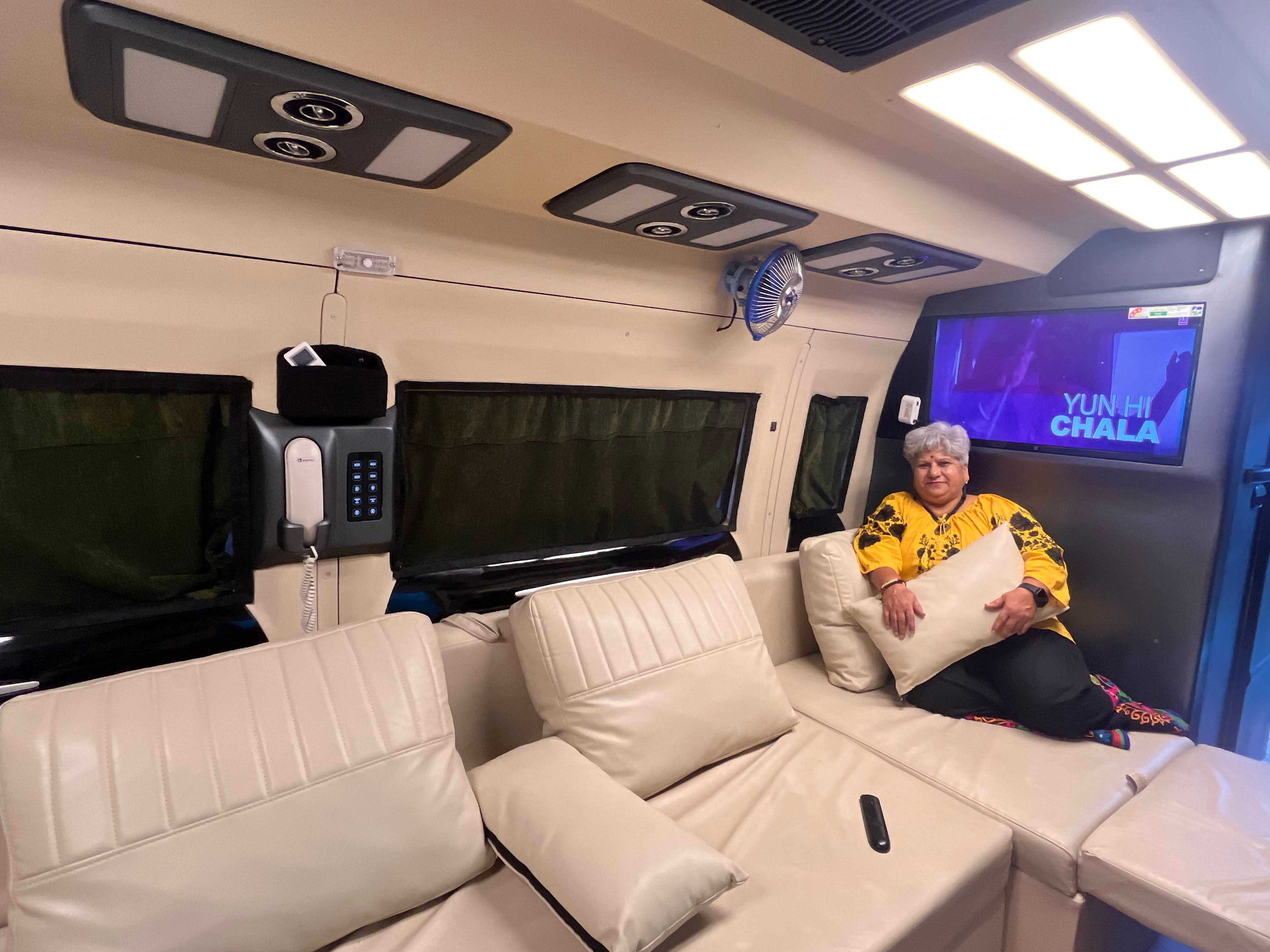 <i><b>The caravan comes equipped with an entertainment system, mood lighting, comfortable sofa cum beds and lots of storage</b></i>